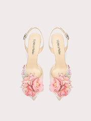 Beige sequin pink floral sandals styled for weddings and parties