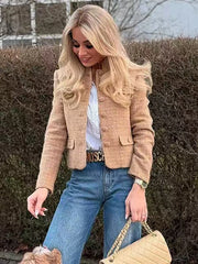 Beige vintage slim-fit jacket styled for autumn outdoor fashion