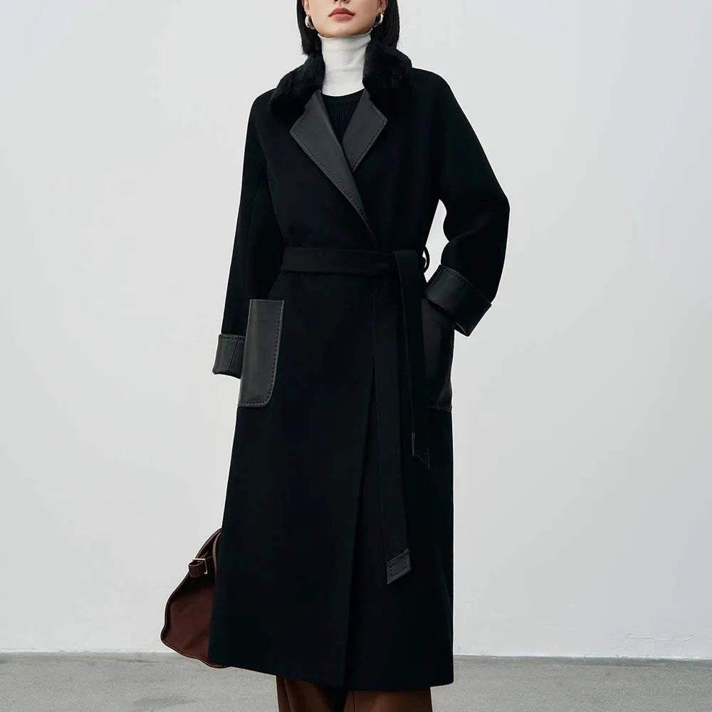 Wool-blend long coat featuring fur trim