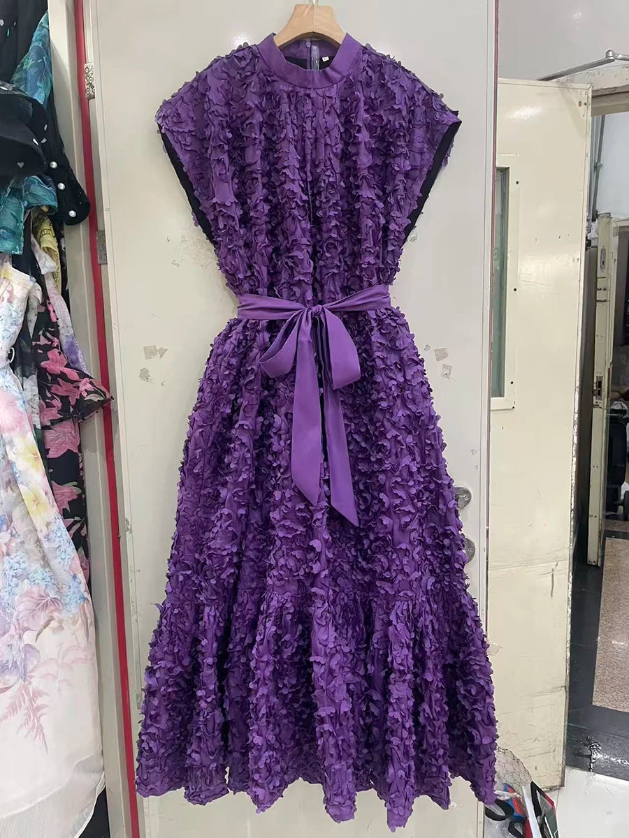 Belted purple midi dress styled for photo moments and parties