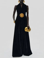 Black sleeveless wide-leg jumpsuit with a defined waist detail