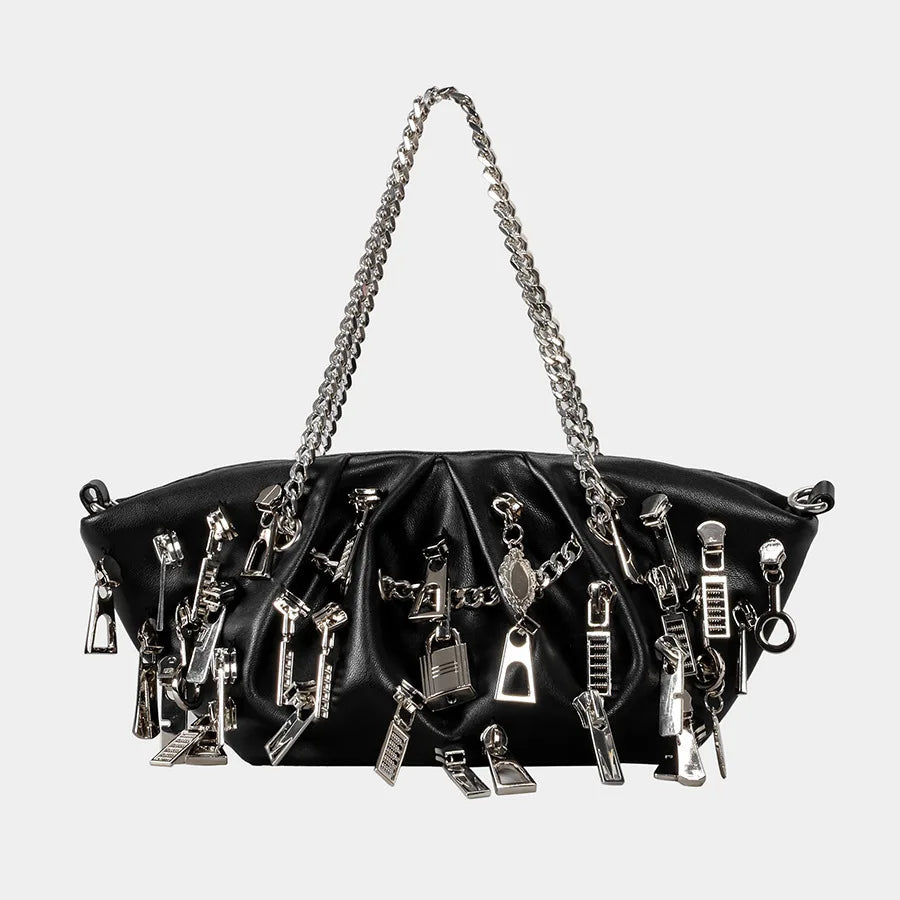 Black biker bucket handbag with statement chain handles and lock charms