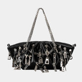 Black biker bucket handbag with statement chain handles and lock charms