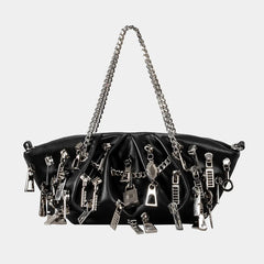 Black biker bucket handbag with statement chain handles and lock charms