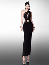 Black asymmetric cut-out gown styled for signature evening parties