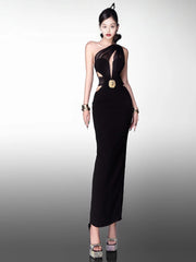 Black asymmetric cut-out gown styled for signature evening parties