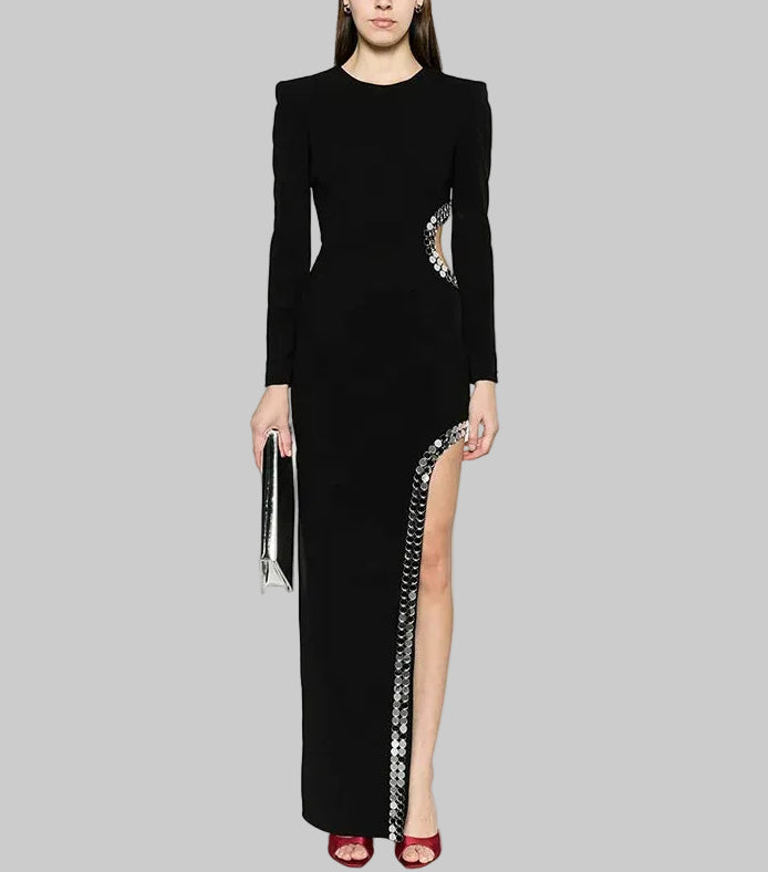 Long-sleeve floor-length gown with beaded side slit and crew neckline