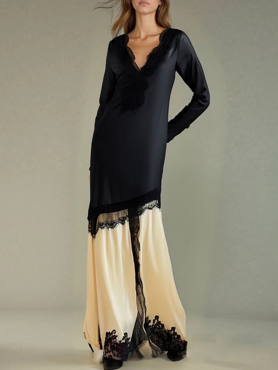 Black and beige patchwork lace long dress styled for autumn elegance