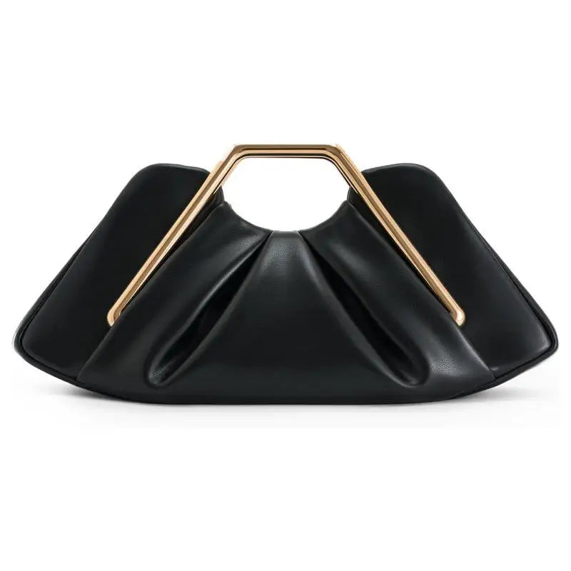 Black cloud pleated clutch handbag with gold metal handle for events