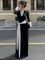 black collar wrap maxi dress with belted waist for autumn
