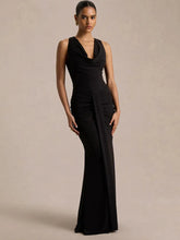 Black sleeveless sheath maxi dress with draped cowl neckline