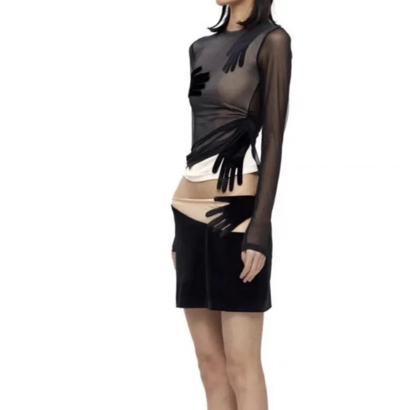Cropped sheer mesh top styled with a low-rise skirt, emphasizing the fitted long sleeves and the layered hemline at the waist.