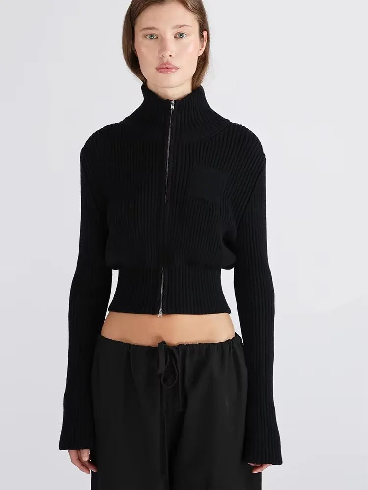 Cropped ribbed knit cardigan with stand collar and front zipper