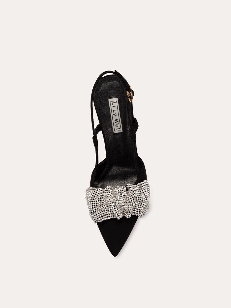 Black crystal ruffle slingback heels styled for modern party looks