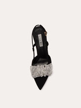Black crystal ruffle slingback heels styled for modern party looks