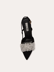 Black crystal ruffle slingback heels styled for modern party looks