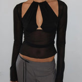 Black halter mesh top with front cut-out and sheer long sleeves