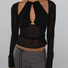 Black halter mesh top with front cut-out and sheer long sleeves