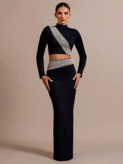 Black diamond two-piece set styled for evening parties