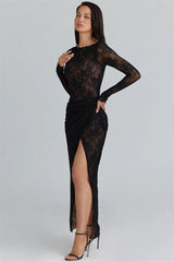 Close focus on the draped waist and high slit placement, showing lace texture and a sculpted, body-skimming fit.