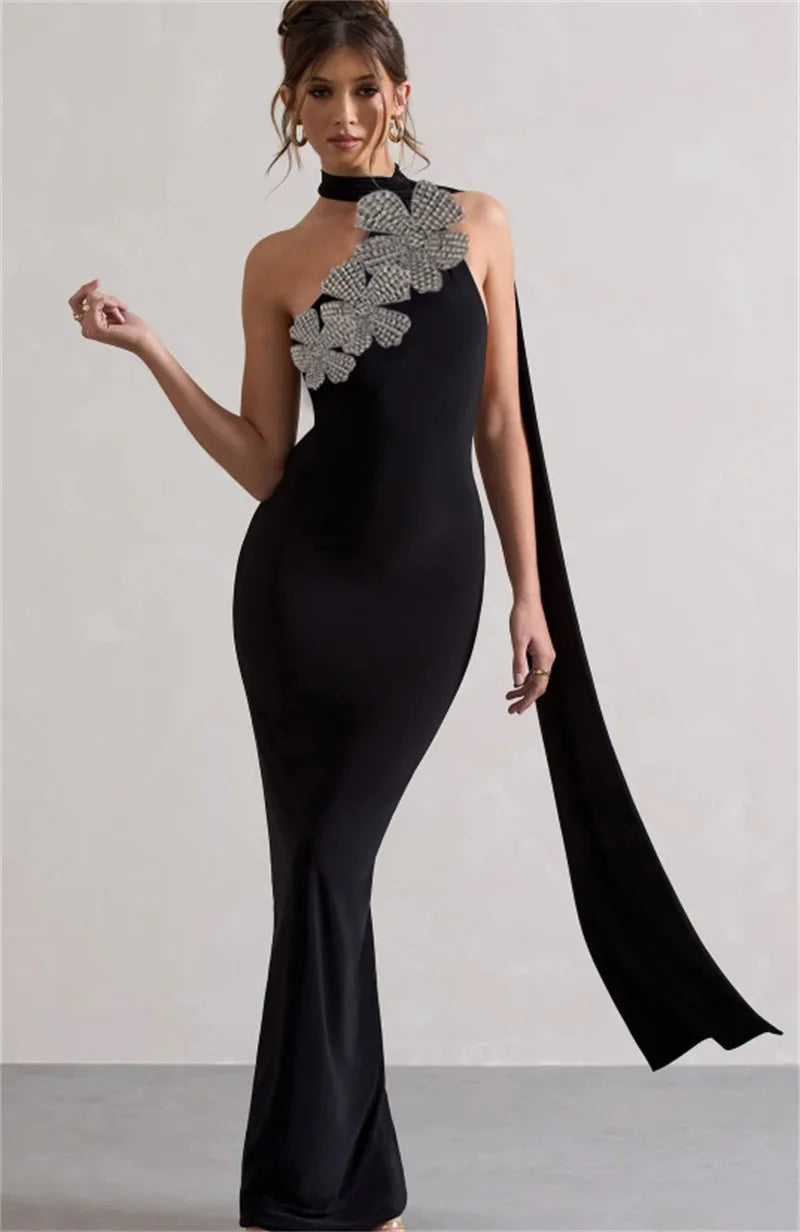Black floral embellished gown styled for formal evening events