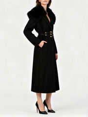 Long black trench coat with fur collar and belt