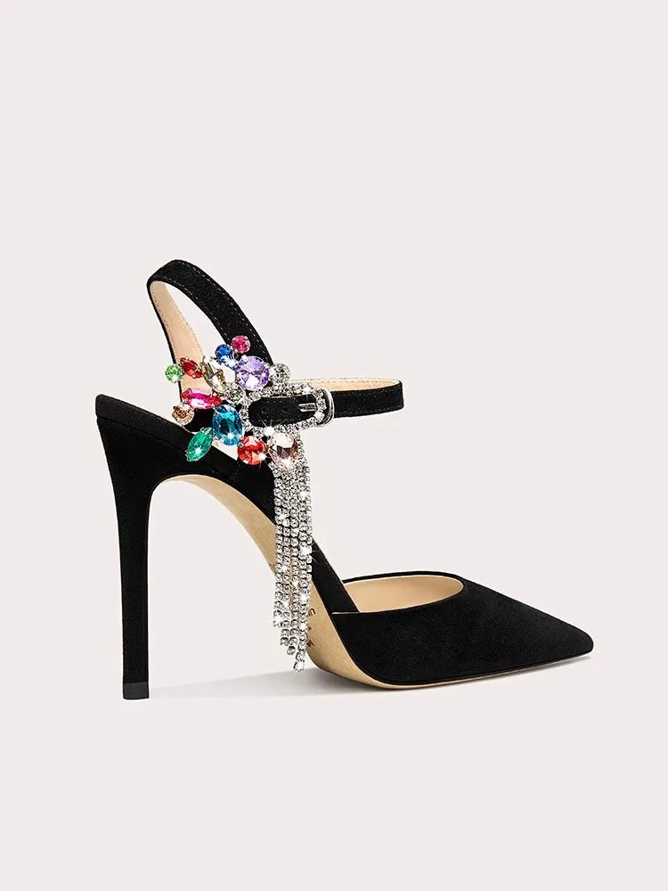 Black gemstone chain party sandals styled for formal celebrations