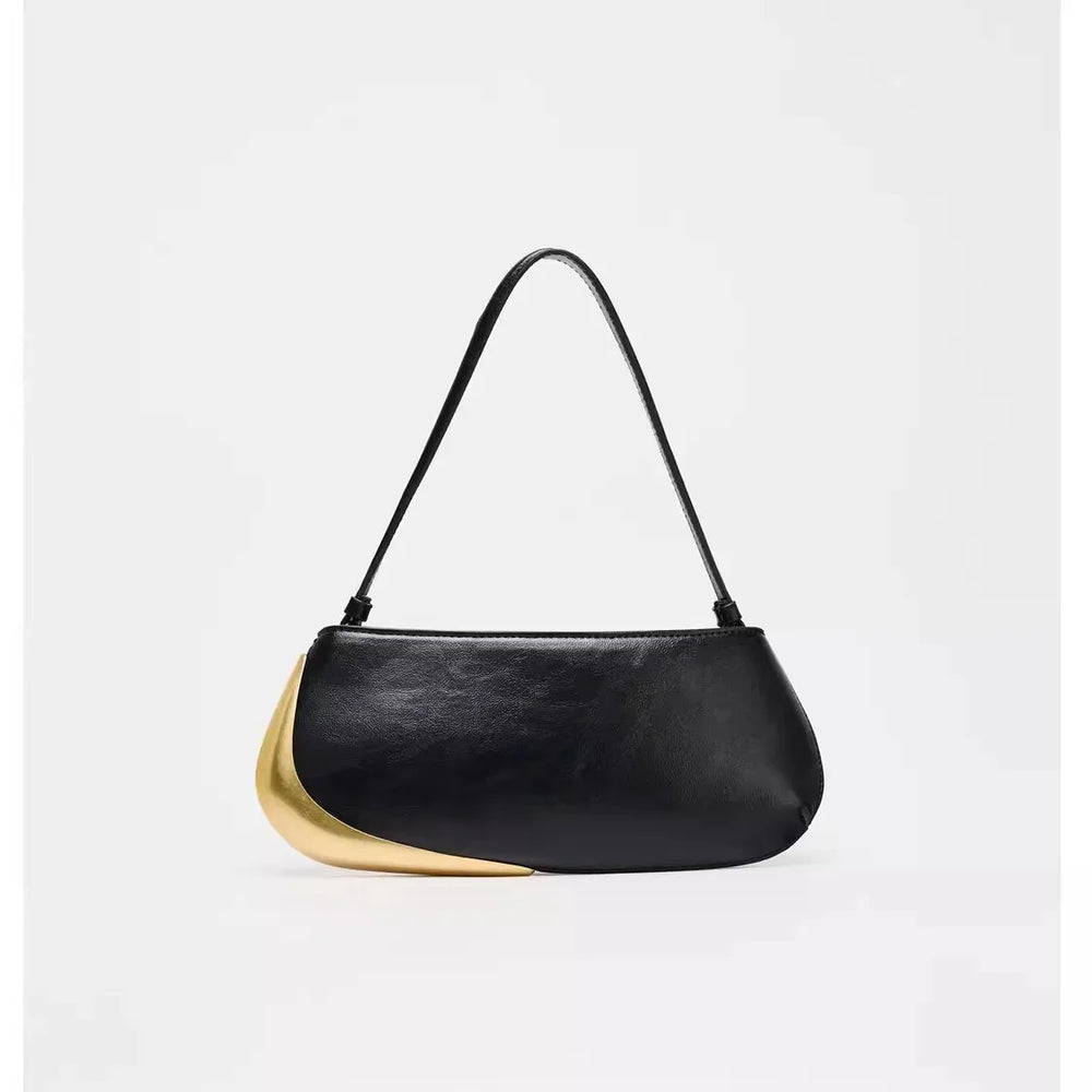 Black gold crescent bag with minimalist Y2K underarm style