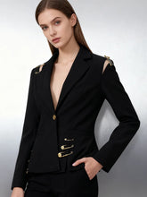 Black slim blazer with gold safety pin details