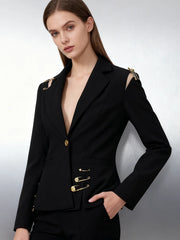 Black slim blazer with gold safety pin details