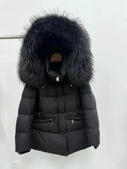 Front view of a thick black goose down coat with fur hood.