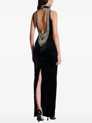 Back view of a black halter neck maxi dress featuring beaded detailing around an open cut-out design.