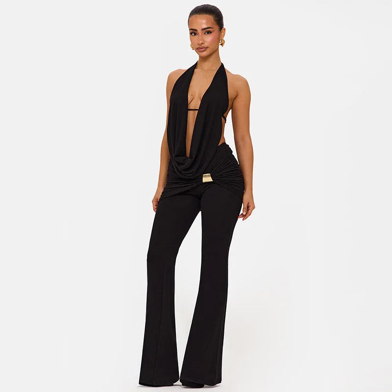 Black halter top and flared pants two-piece set with open-back detail