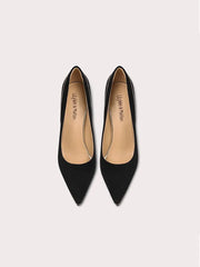 Black kid suede stiletto pumps styled for work and evening elegance