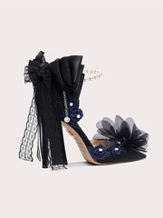 Black lace floral pearl bow sandals styled for Lolita party looks