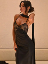 Black lace halter maxi party dress styled for dramatic evening looks