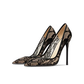 Black lace pointed party pumps for modern and formal events