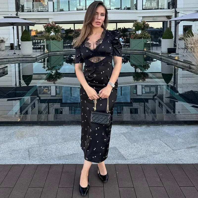 Black lace short sleeve midi dress for dinners and club nights