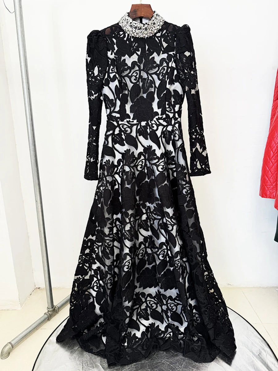 Full-length view highlighting the structured high neck and slim bodice with an A-line skirt, styled as refined formal evening wear.