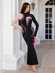 Black long sleeve mesh diamond dress styled for celebrity parties