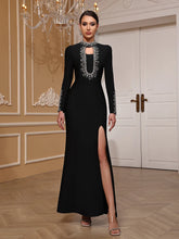 Black O neck diamond bandage dress styled for evening parties