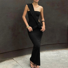 Strapless one-shoulder ankle-length dress with ribbon waist detail