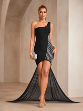 Black one-shoulder diamond leopard gown with sculpted fit and dramatic train