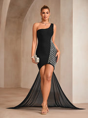 Black one-shoulder diamond leopard gown with sculpted fit and dramatic train
