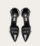 Black patent rivet party sandals with straps and platform heel