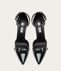 Black patent rivet party sandals with straps and platform heel