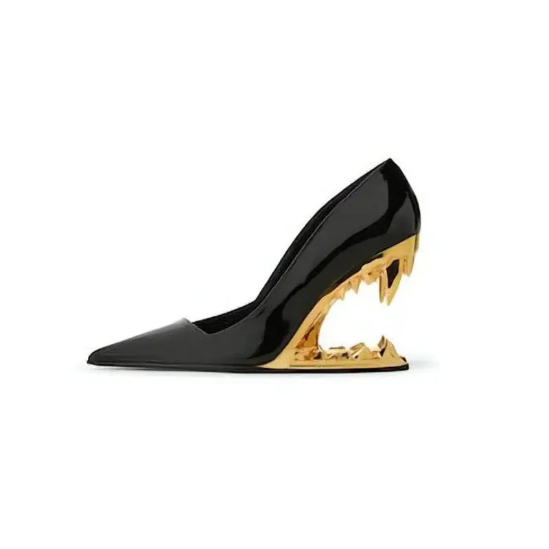 Black patent sculptural wedge pumps with gold metallic art heel
