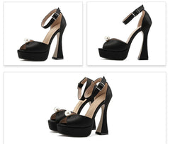 Black pearl platform peep toe sandals shown for wedding or banquet on a white background