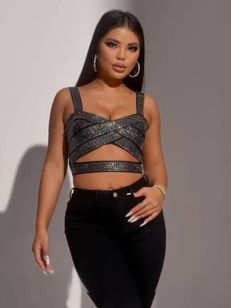 Black rhinestone bandage crop top styled for party and evening looks