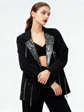 Black loose blazer with a sequin collar and relaxed silhouette